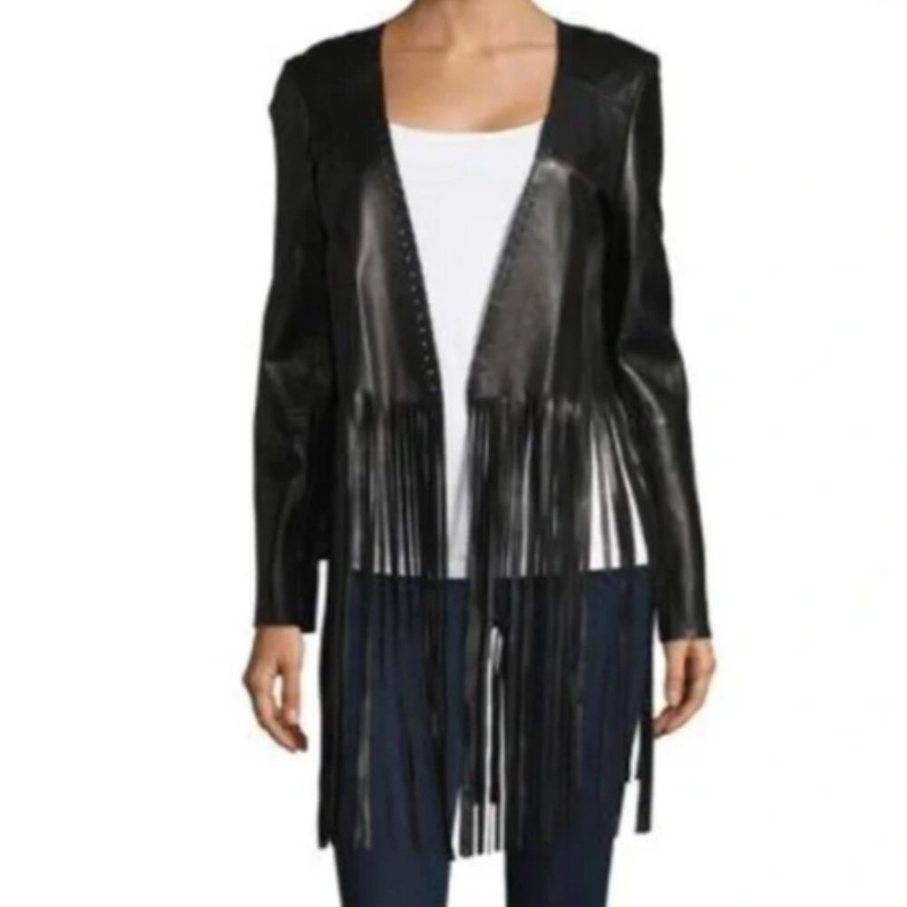 ThePerfext Christy Fringe Trim Accent Western Genuine Leather Jacket